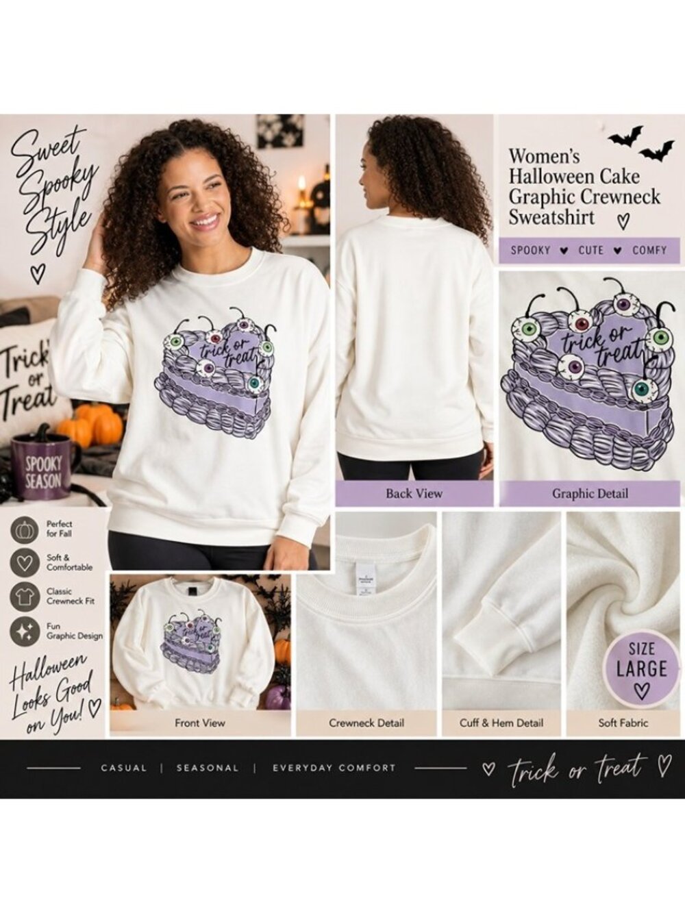 Women's Halloween Trick or Treat Cake Graphic Crewneck Sweatshirt Large NWT